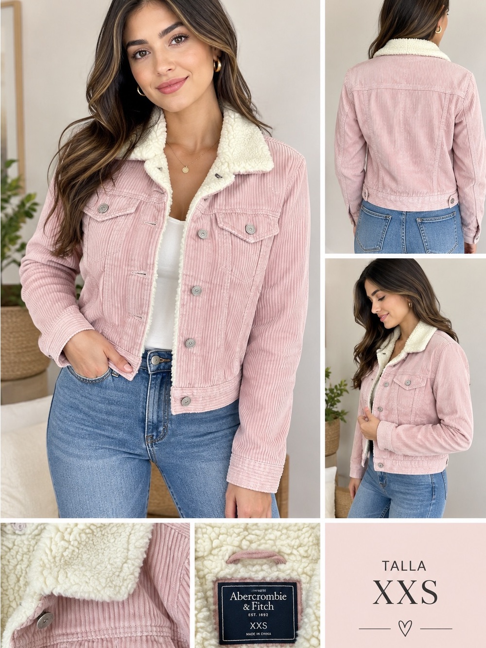 Abercrombie & Fitch Pink Corduroy Sherpa-Trim Jean Jacket